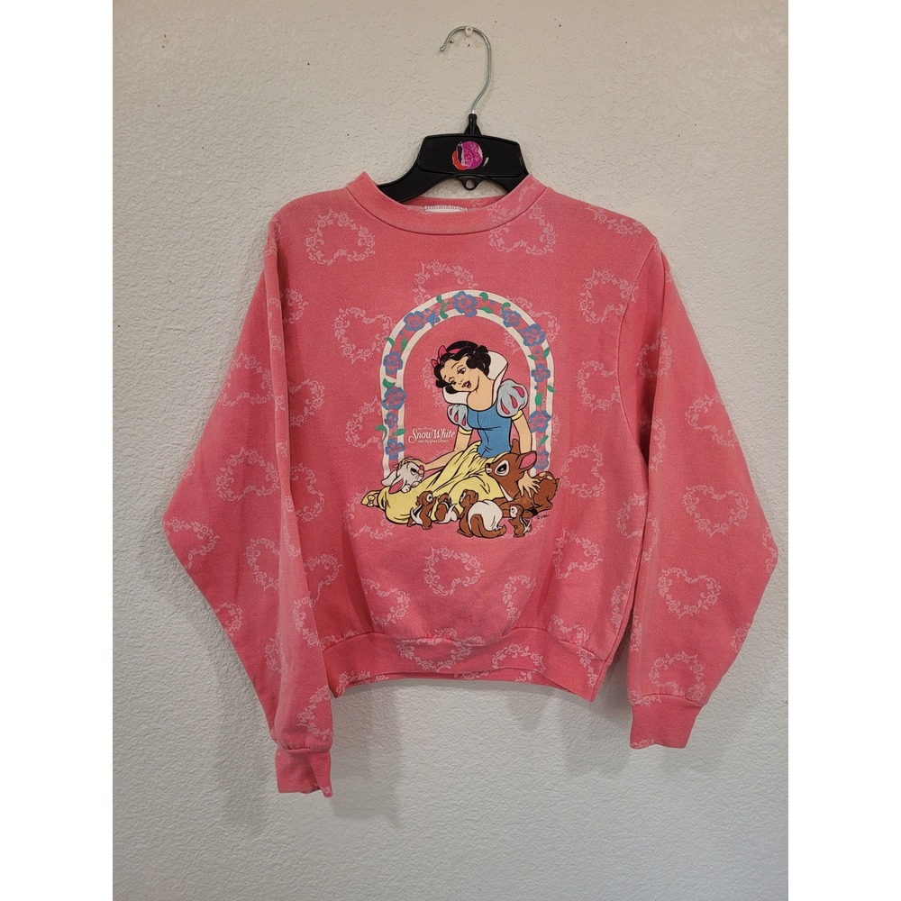 Vintage Disney Snow White Sweatshirt Pink Hearts Floral Kids XL USA Made #4